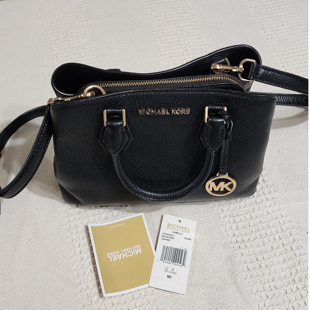 Michael Kors Camille Small Satchel Black Pebbled Leather Handbag gold hardware